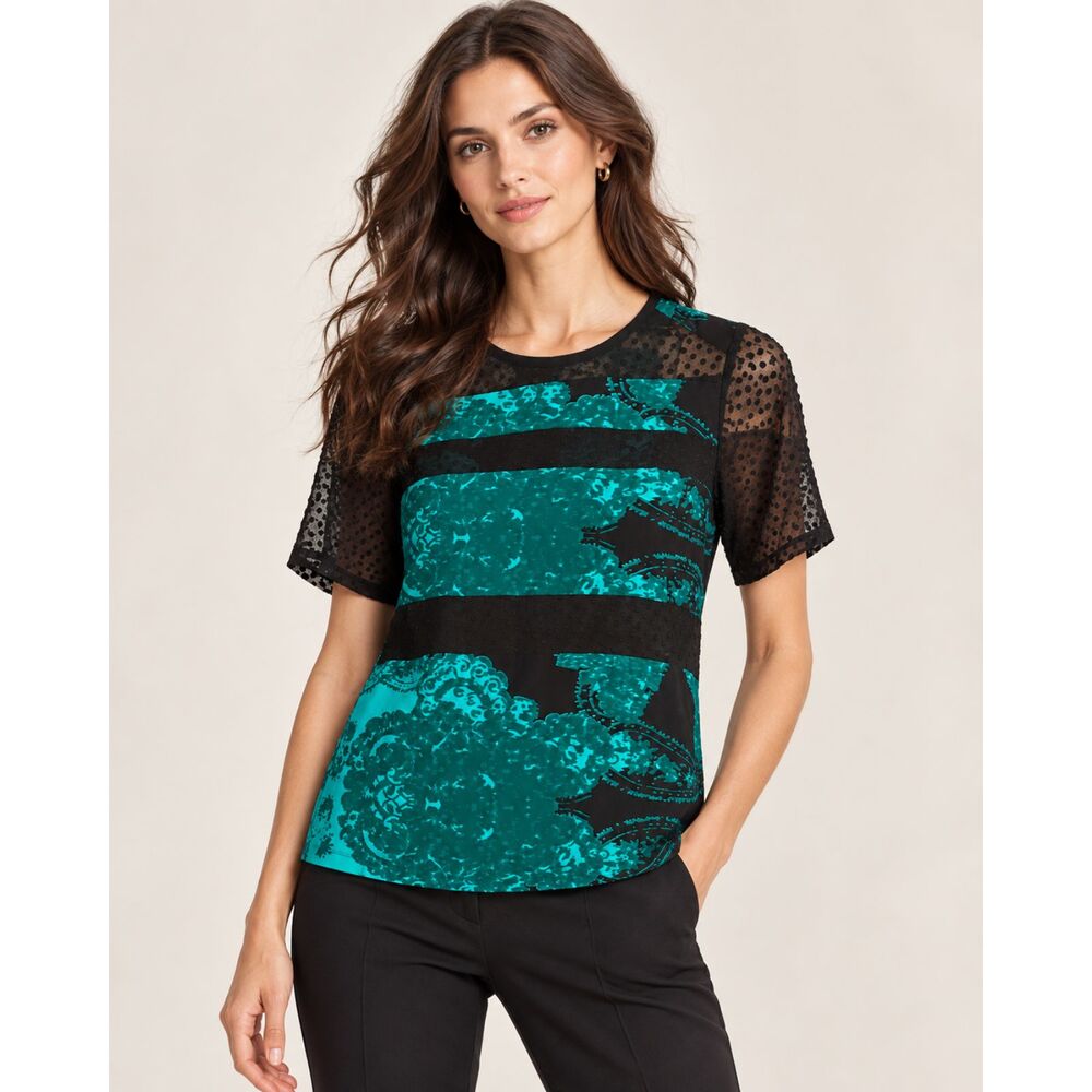 Nanette Lepore 100% Silk Blouse Size XS Teal Black Sheer Dot Sleeve Made NYC
